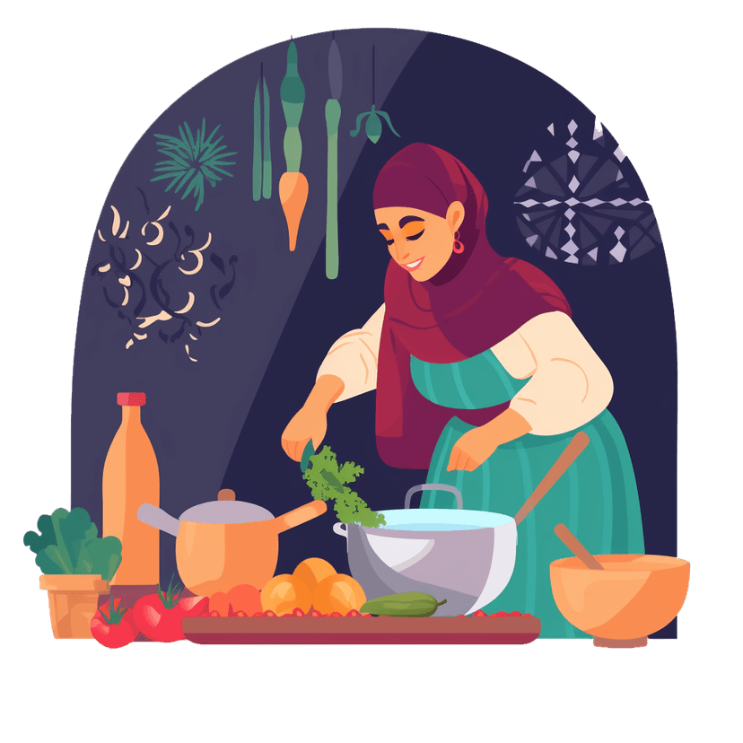 woman with headscarf cooking vegetables