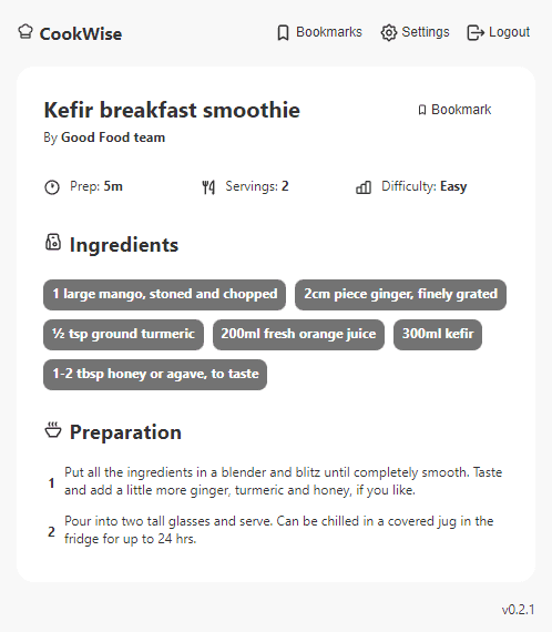 screenshot of extension showing recipe