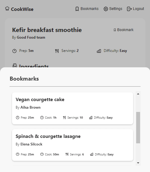 screenshot of extension showing bookmarked recipes